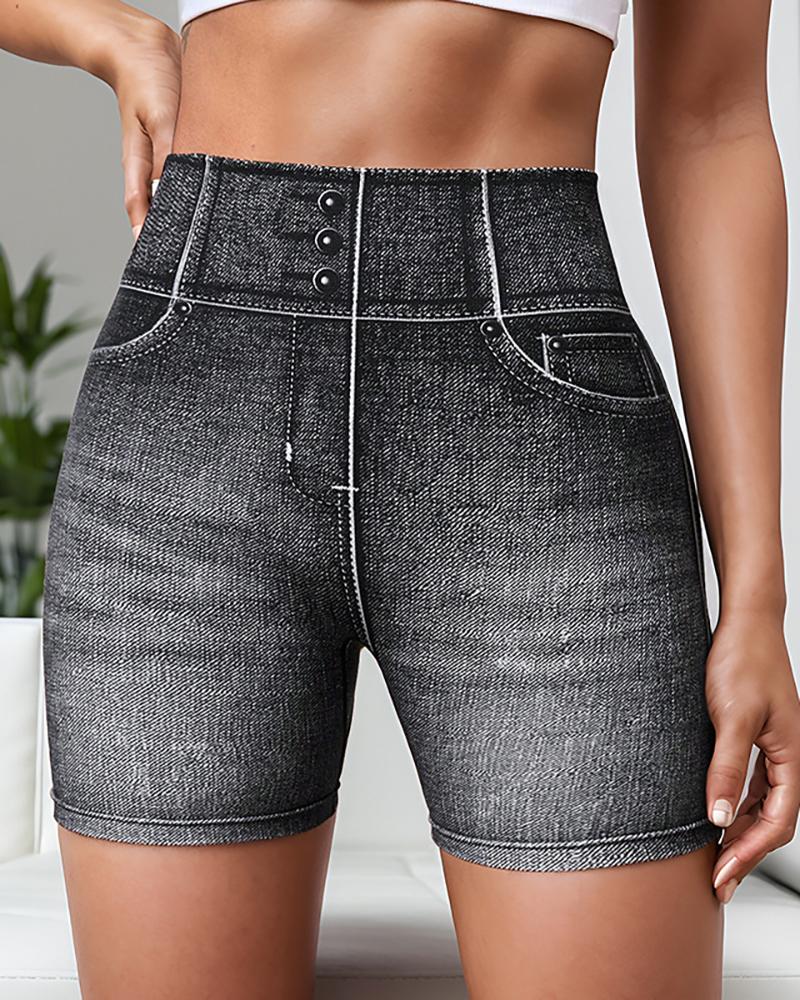 Denim Look Print Breathable High Waist Active Shorts