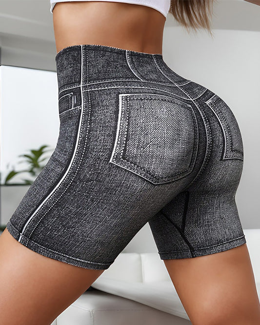 Denim Look Print Breathable High Waist Active Shorts