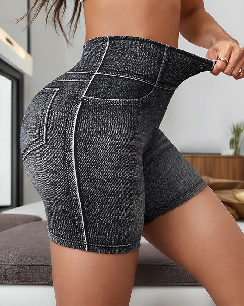 Denim Look Print Breathable High Waist Active Shorts