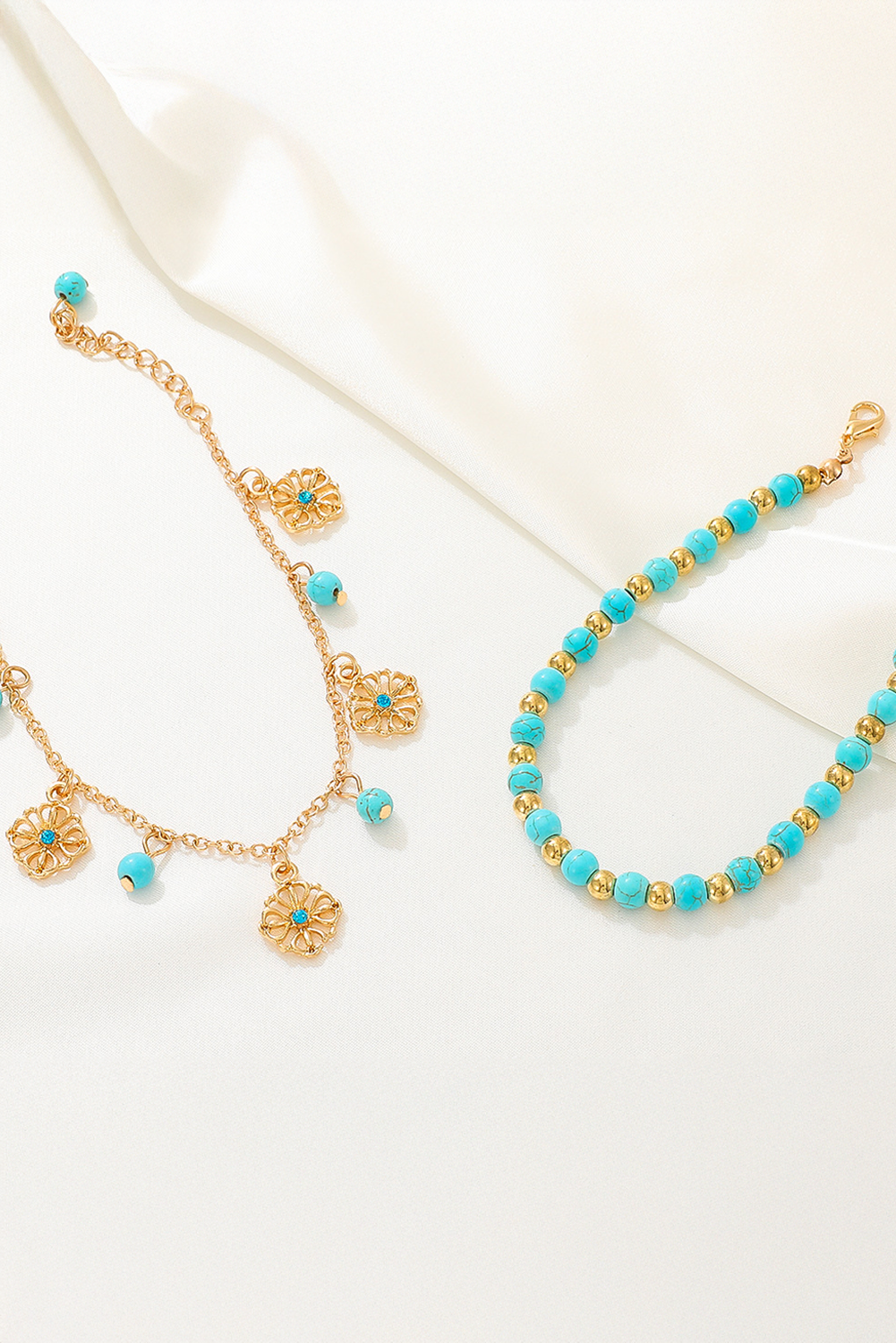 Gold Turquoise Beaded Flower Charm Layered Adjustable Anklet