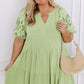 Laurel Green Floral Crochet Short Sleeve Notch V Neck Tiered Plus Size Mini Dress