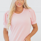 Pink Stripe Textured Puff Sleeve Crewneck Top