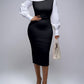 Colorblock One Shoulder Gigot Sleeve Pencil Dress Cinched Waist Bodycon Dress