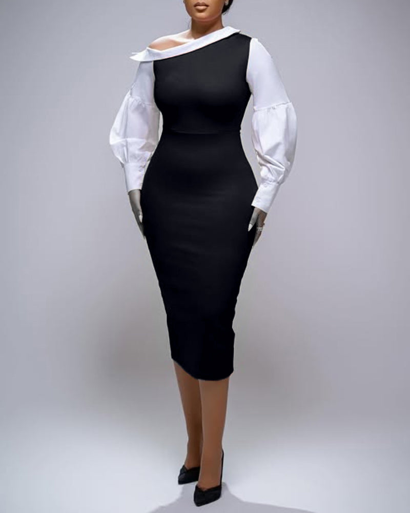 Colorblock One Shoulder Gigot Sleeve Pencil Dress Cinched Waist Bodycon Dress