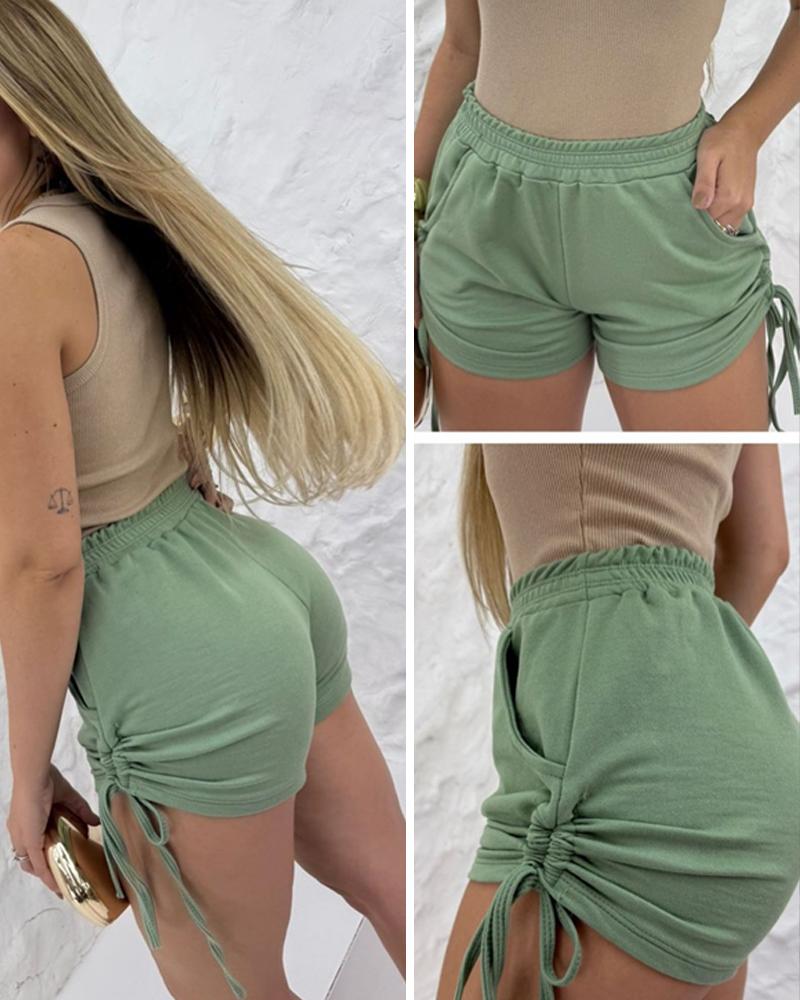 Side Drawstring Strechy Waist Shorts Casual Pocket Design Shorts