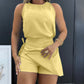 2 Pieces Outfit Round Neck Sleeveless Top and Side Tied Detail Elastic Waist Back Shorts Set