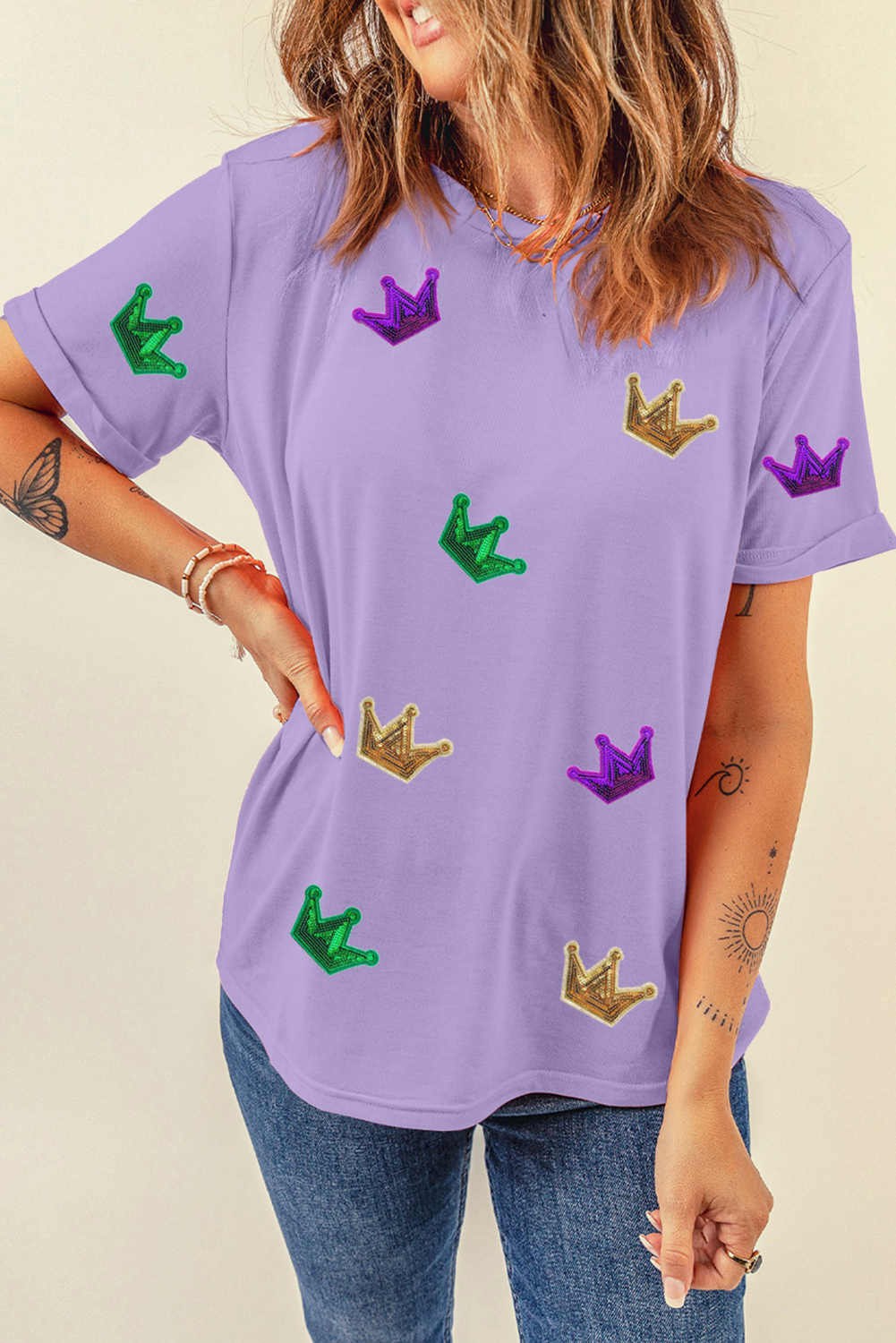 Wisteria Mardi Gras Crown Patched Graphic T Shirt