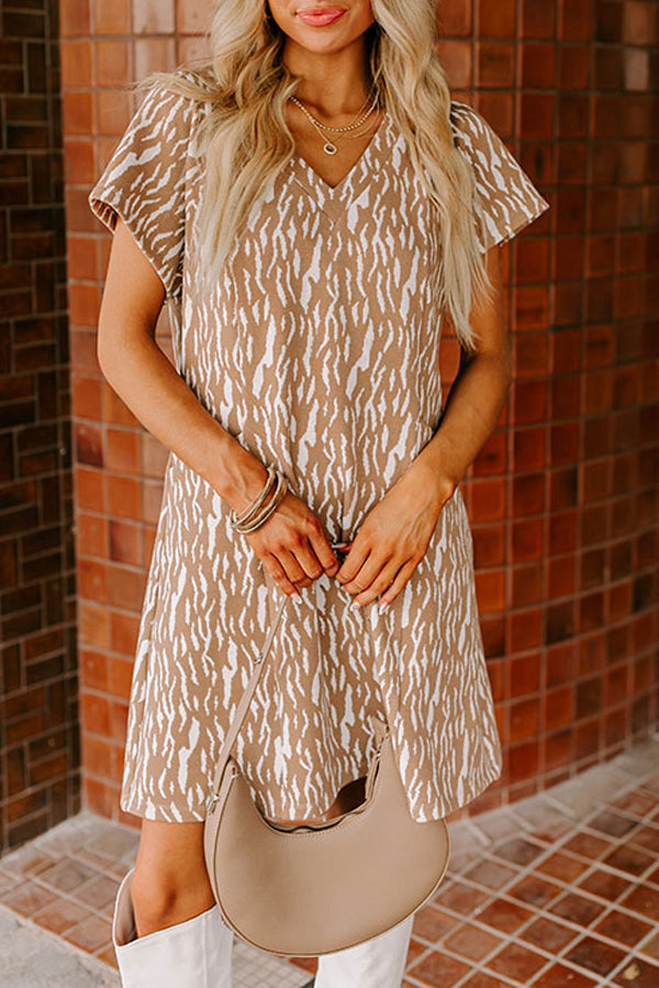 Khaki Abstract Print V Neck Short Sleeve Shift T Shirt Dress