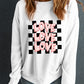 White Checkerboard LOVE Printed Round Neck Valentines Sweatshirt