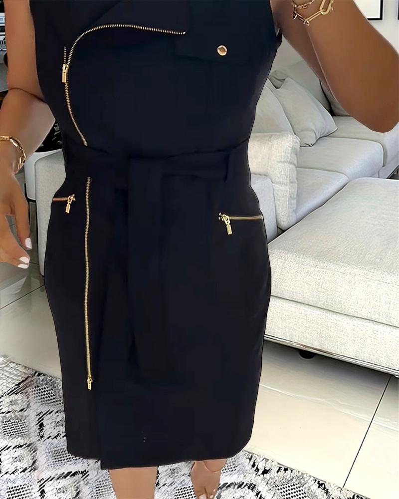 Round Neck Slim Fit Sleeveless Zipper Design Mini Dress Work Dress