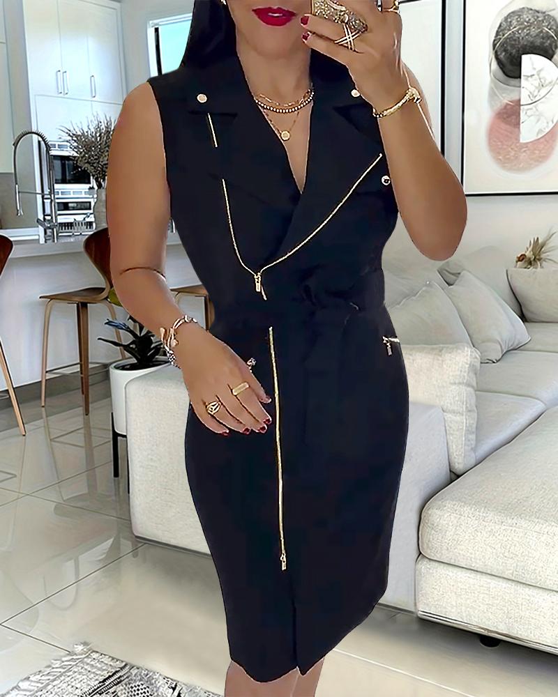 Round Neck Slim Fit Sleeveless Zipper Design Mini Dress Work Dress