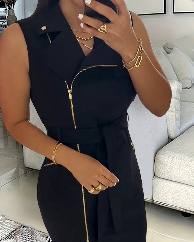 Round Neck Slim Fit Sleeveless Zipper Design Mini Dress Work Dress