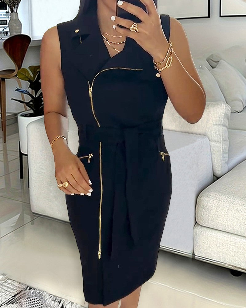Round Neck Slim Fit Sleeveless Zipper Design Mini Dress Work Dress