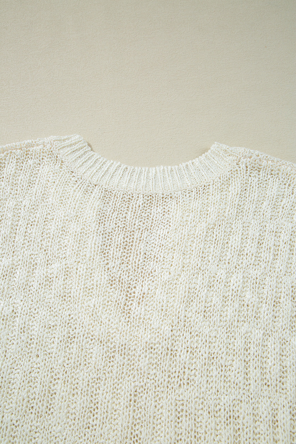 Beige Notched V Neck Short Sleeve Sweater
