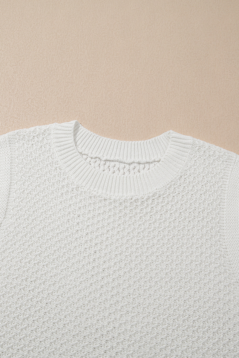 White Solid Color Eyelet Knit Crew Neck Sweater Vest