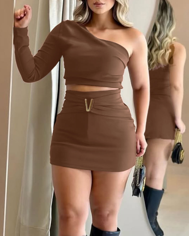 One Shoulder Long Sleeve Top and Casual V Button Dec Skirt Sets