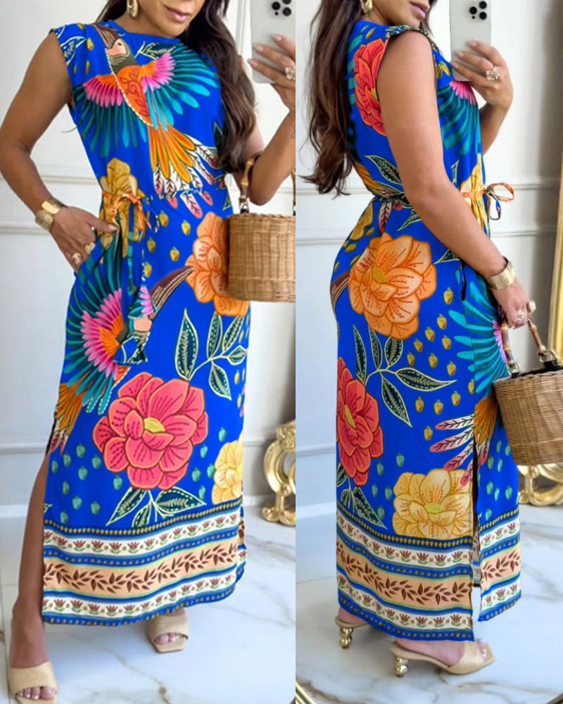 Floral Print Round NEck Sleeveless Side Slit Tied Detail Dress Vacation Dress