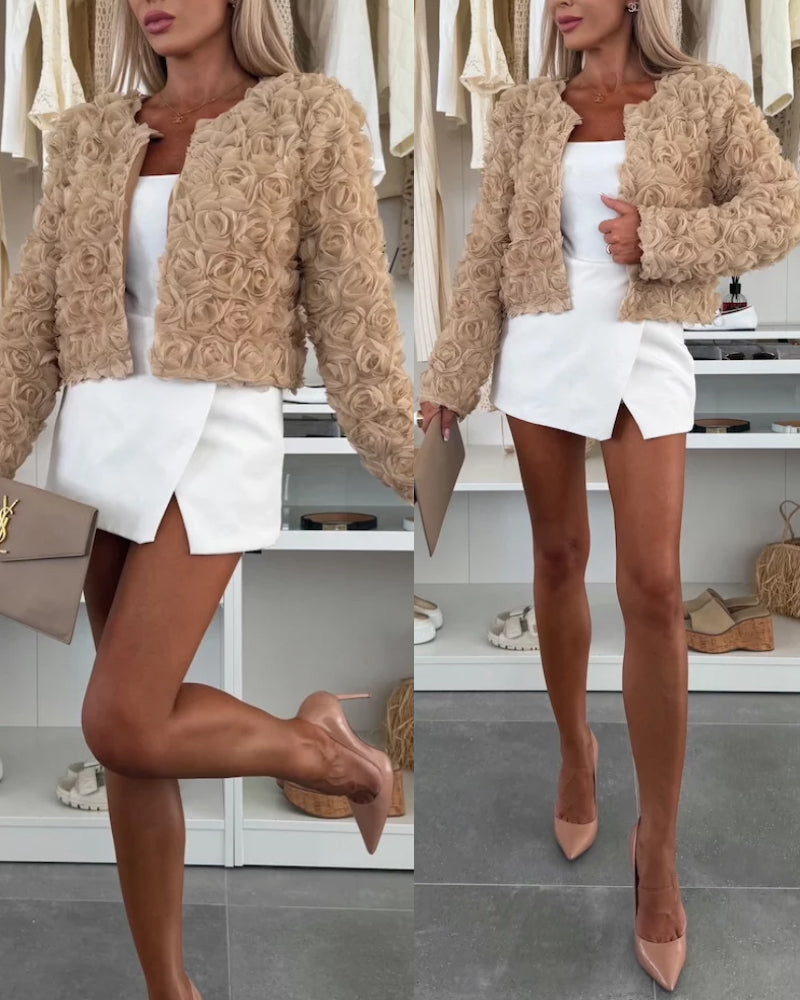 Open Front Long Sleeve Casual 3D Floral Coat