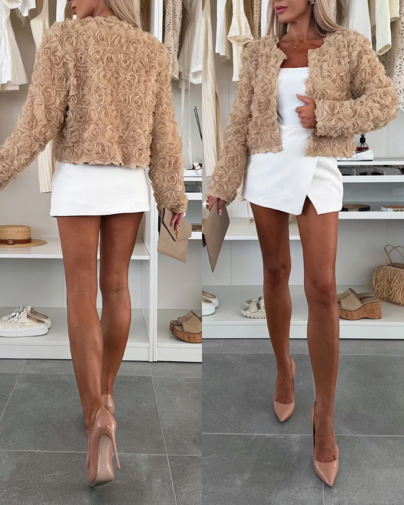 Open Front Long Sleeve Casual 3D Floral Coat