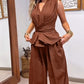 2 Pieces Outfit Sleeveless Criss Cross Tied Detail Top and Casual Wide Leg Pants Set