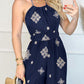 Graphic Print Halter Backless Side Slit Shirred Wide Leg Jumpsuit Vacation Overalls