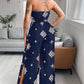 Graphic Print Halter Backless Side Slit Shirred Wide Leg Jumpsuit Vacation Overalls
