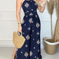 Graphic Print Halter Backless Side Slit Shirred Wide Leg Jumpsuit Vacation Overalls