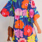 Dark Blue Floral Print Split Neck Babydoll Dress