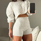 2 Piece Crewneck Long Sleeve Cable Knit Crop Sweater High Waist Shorts Tracksuits Outfits