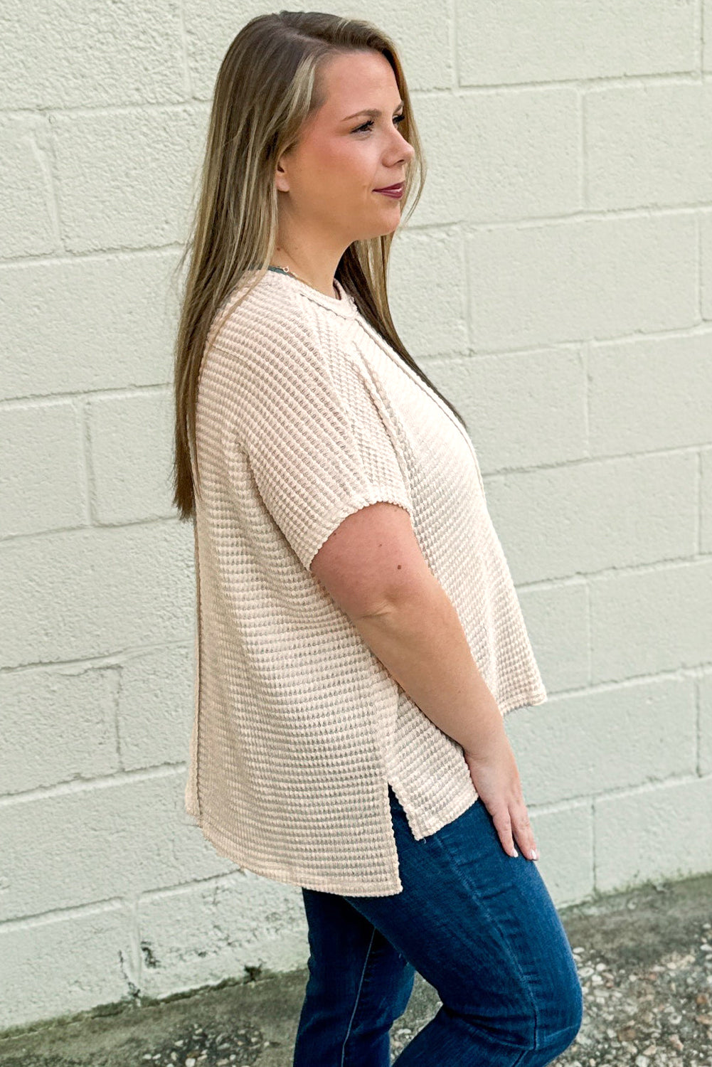 Beige Waffle Exposed Seam Detail Plus Size Short Sleeve Top
