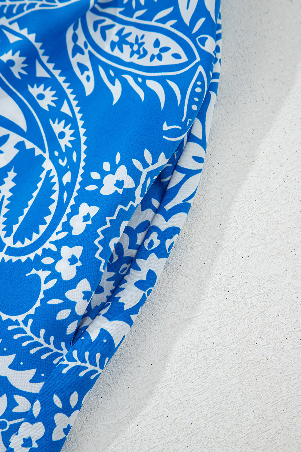 Blue Paisley V Neck Crisscross Backless Maxi Dress