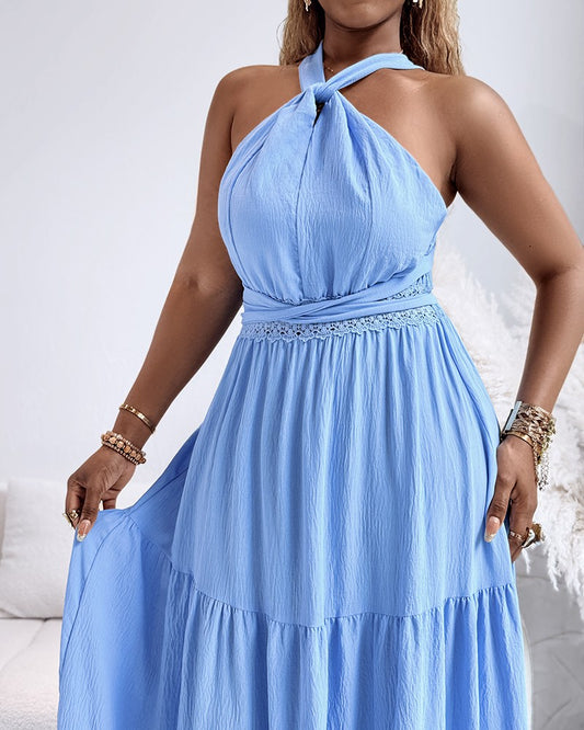 Contrast Lace Waist Hollow Out Maxi Dress Casual Halter Tied Detail Back Shirred Flared Dress