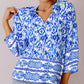 Blue Boho Printed 3/4 Sleeve Tied Neck Blouse