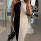 Colorblock Halter Twist Ruched Maxi Dress Casual Waist Hollow Out Business Dress