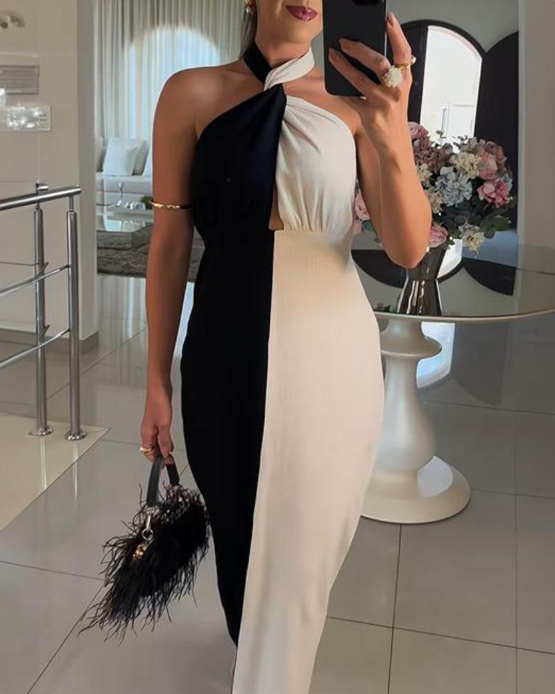 Colorblock Halter Twist Ruched Maxi Dress Casual Waist Hollow Out Business Dress