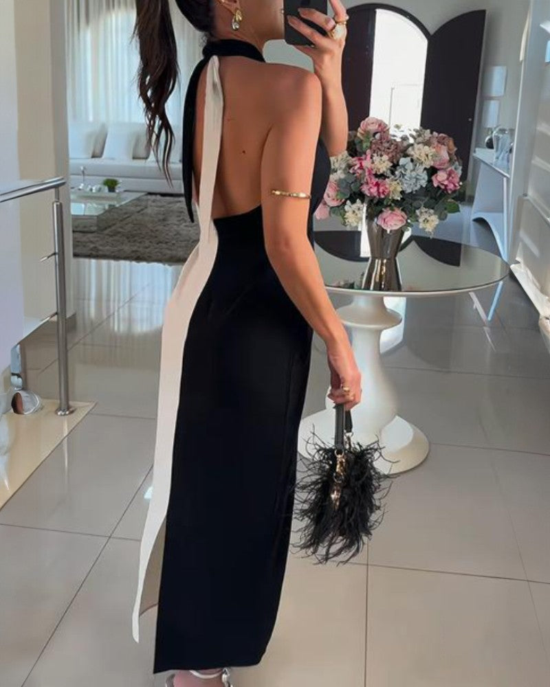 Colorblock Halter Twist Ruched Maxi Dress Casual Waist Hollow Out Business Dress