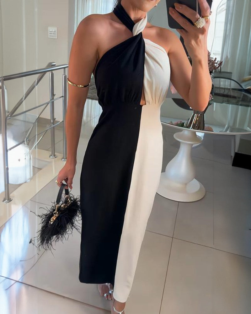 Colorblock Halter Twist Ruched Maxi Dress Casual Waist Hollow Out Business Dress