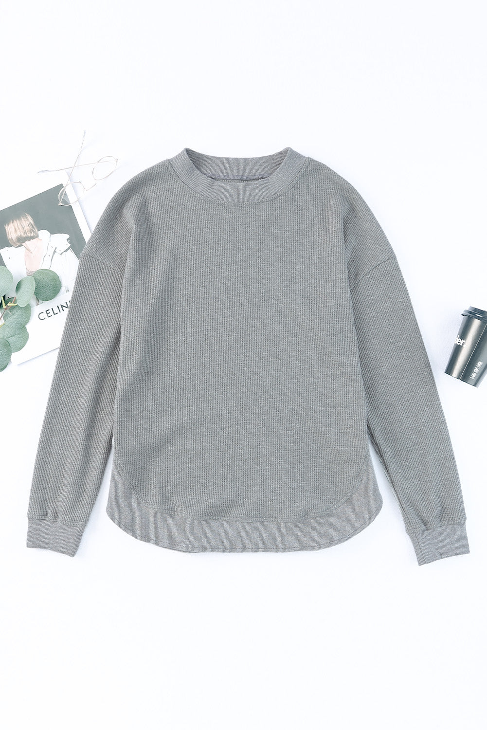 Gray Crew Neck Ribbed Trim Waffle Knit Top