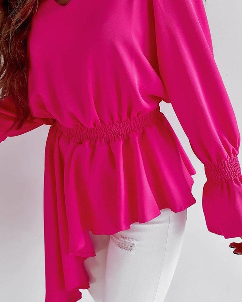 Shirred Asymmetrical Hem V Neck Top
