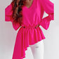 Shirred Asymmetrical Hem V Neck Top