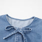 Dusk Blue Tied Front Bubble Sleeve Peplum Denim Shirt