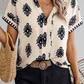 Black Geometric Print Short Sleeve V Neck Blouse