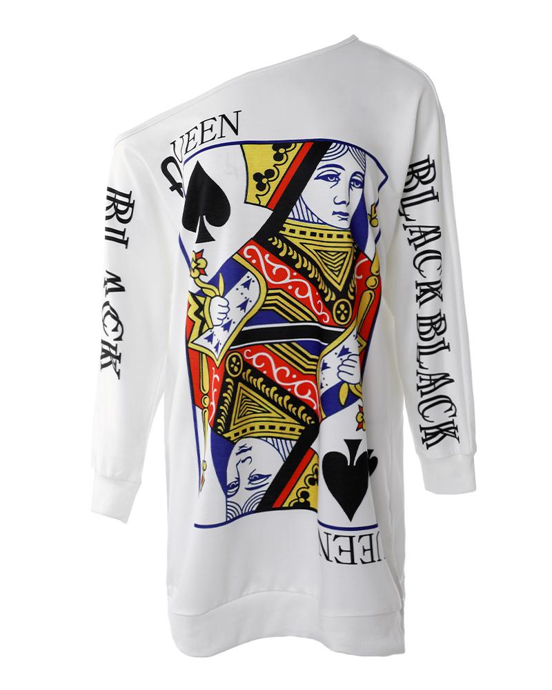 Poker Letter Print Long Sleeve Casual Dress