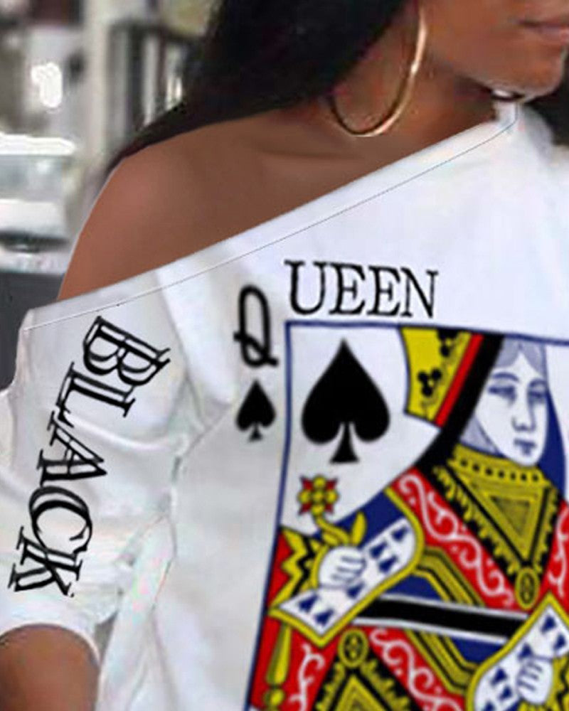 Poker Letter Print Long Sleeve Casual Dress