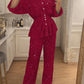 2 Pieces Glitter Stand Collar Three Quarters Sleeve Button Front Blouse and Casual Loose Fit Pants Set