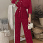 2 Pieces Glitter Stand Collar Three Quarters Sleeve Button Front Blouse and Casual Loose Fit Pants Set