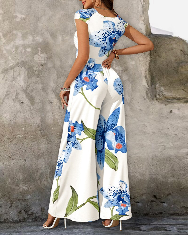 Floral Print Cold Shoulder Ruched Jumpsuit Casual Strechy Wide Leg Romper