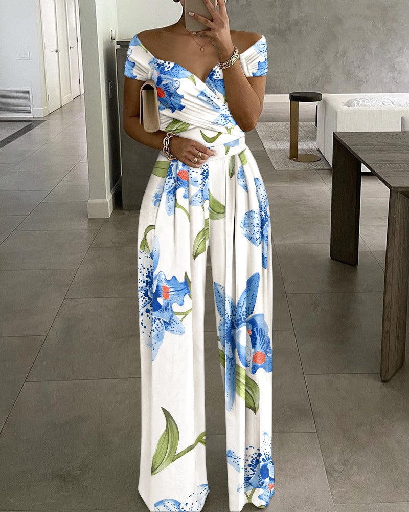 Floral Print Cold Shoulder Ruched Jumpsuit Casual Strechy Wide Leg Romper