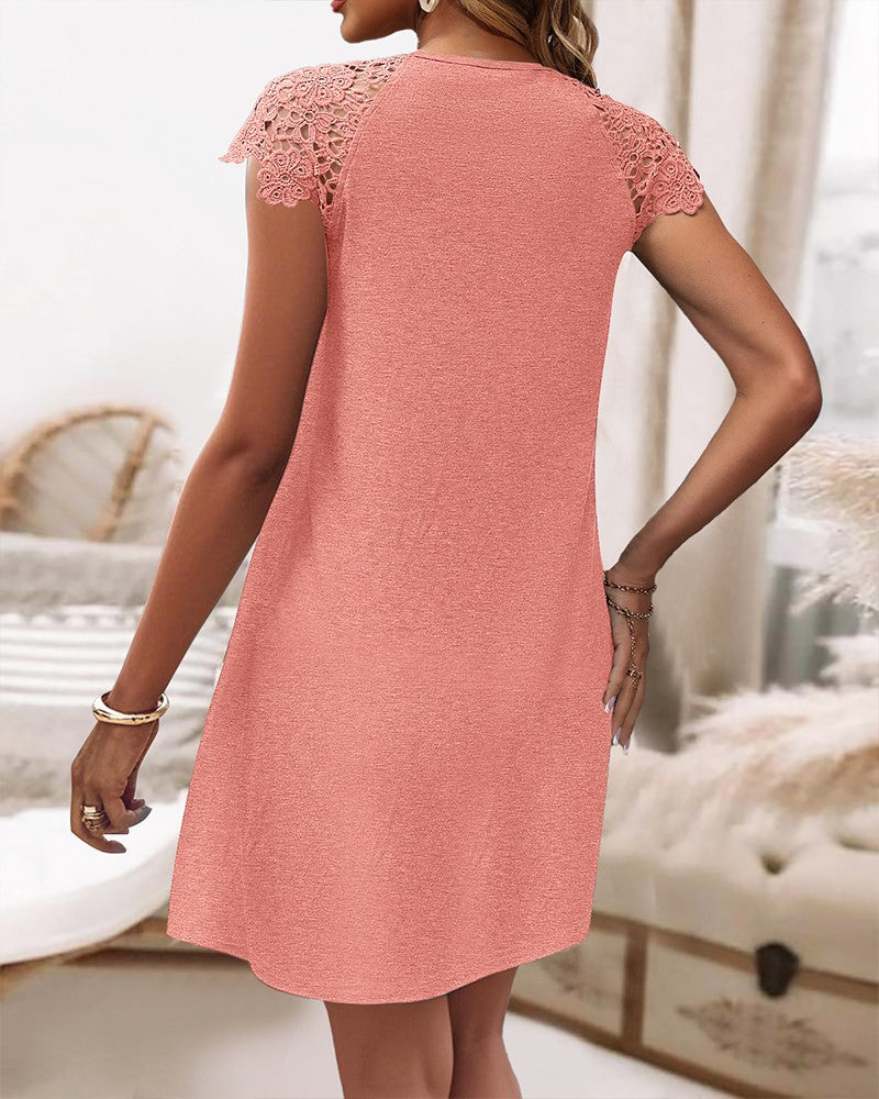 Contrast Lace Short Sleeve Ruched Mini Dress Casual Loose Fit Dress