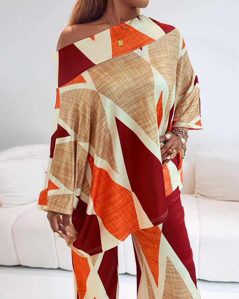 2 Pieces Outfit Abstract Print Cold Shoulder Batwing Sleeve Top and Casual Wide Leg Pants Set